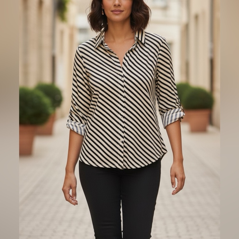 Chico's Black and Tan Striped Shirt